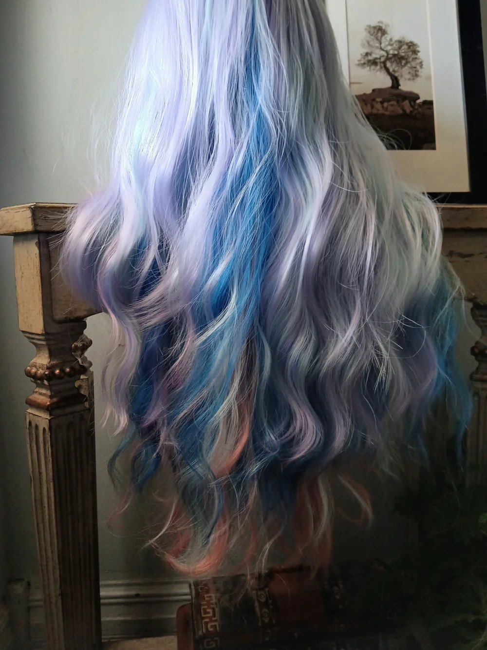 Long Pastel Lavender Wig with Pink and Blue Highlights - Women's Wavy Style